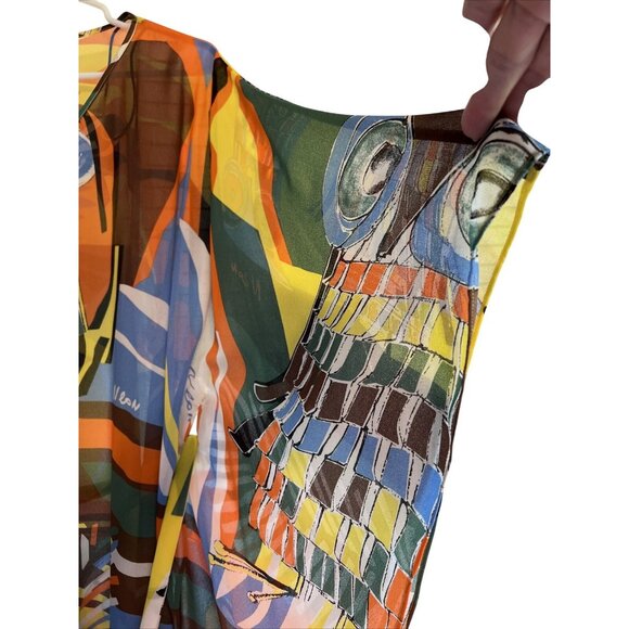 Neon By Macys Sheer Vibrant Owl Print Kimono Blouse Tie-Front V-Neck Womens S - Picture 5 of 8